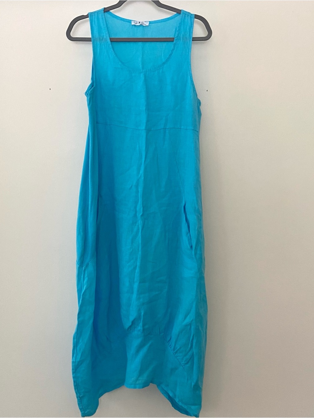 Gigi Moda Luna Linen Midi Dress Sz M Blue Lagenlook Coastal Grandma Artsy Boho